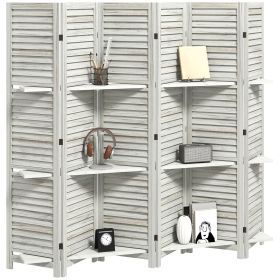 HOMCOM 6 Panel 67" Tall Wood Privacy Screen Room Divider with 3 Shelves and Folding Storage for Bedroom, White